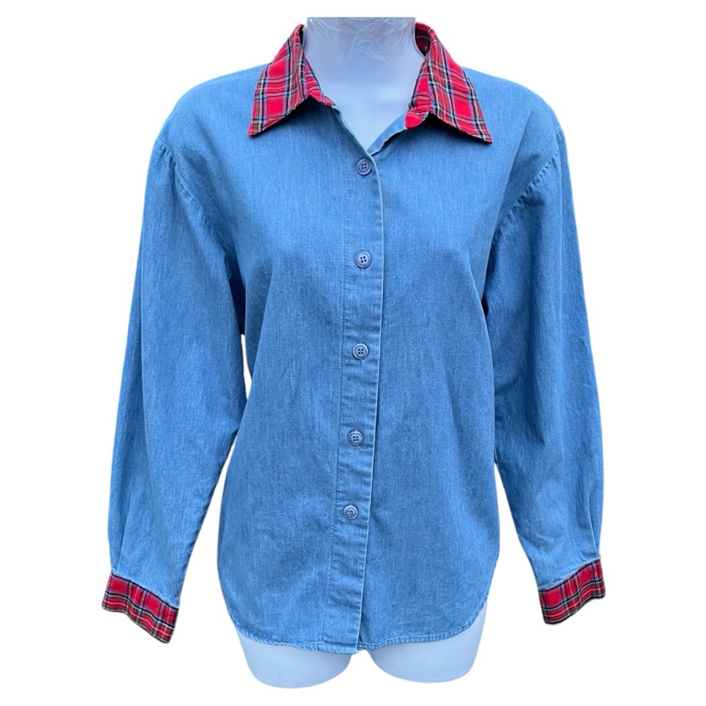 Vintage 1990’s On The Verge Plaid Collar Denim Button Down Shirt